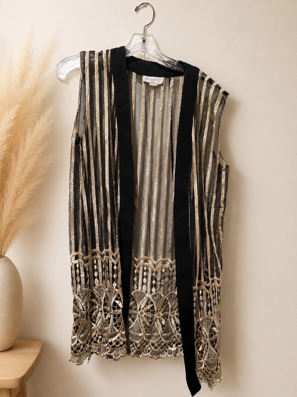 Sheer Embroidered Vest Jacket in Black and Gold